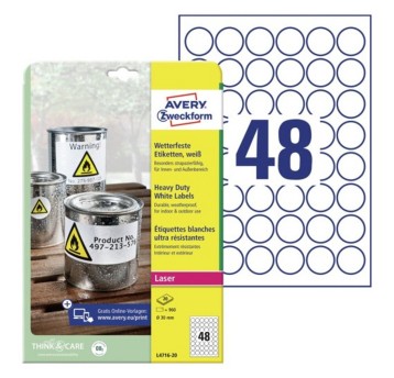 Etykiety ochronne i zabezpieczające HEAVY DUTY wodoodporne poliestrowe AVERY ZWECKFORM Ø30mm kol. biały 960 szt. [L4716-20]