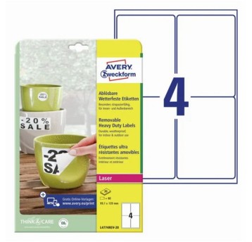 Etykiety ochronne i zabezpieczające HEAVY DUTY wodoodporne usuwalne poliestrowe AVERY ZWECKFORM 99,1 x 139mm kol. biały 80 szt. [L4774REV-20]