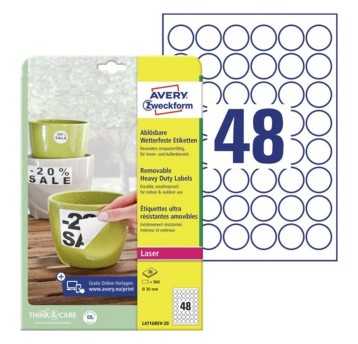 Etykiety ochronne i zabezpieczające HEAVY DUTY wodoodporne usuwalne poliestrowe AVERY ZWECKFORM Ø30mm kol. biały 960 szt. [L4716REV-20]
