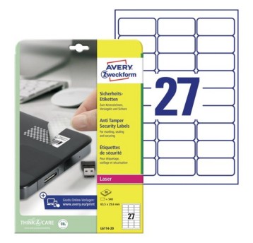 Etykiety ochronne i zabezpieczające plomby poliestrowe AVERY ZWECKFORM 63,5 x 29,6mm kol. biały 540 szt. [L6114-20]