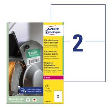 Etykiety ochronne i zabezpieczające ultra wytrzymałe polietylenowe AVERY ZWECKFORM 210 x 148mm kol. biały 80 szt. [L7916-40]