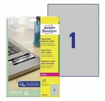 Etykiety ochronne i zabezpieczające znamionowe poliestrowe AVERY ZWECKFORM 210 x 297mm kol. srebrny 20 szt. [L6013-20]