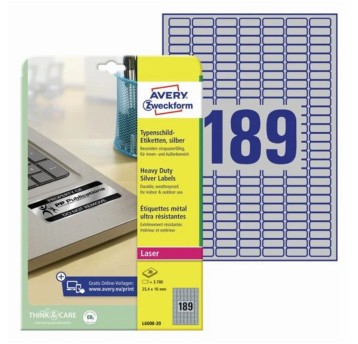 Etykiety ochronne i zabezpieczające znamionowe poliestrowe AVERY ZWECKFORM 25,4 x 10mm kol. srebrny 3780 szt. [L6008-20]