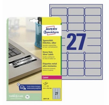 Etykiety ochronne i zabezpieczające znamionowe poliestrowe AVERY ZWECKFORM 63,5 x 29,6mm kol. srebrny 540 szt. [L6011-20]