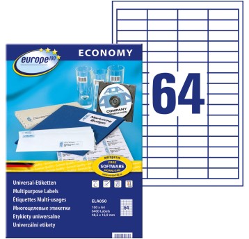 Etykiety uniwersalne papierowe ECONOMY EUROPE100 by Avery Zweckform 48,5 x 16,9mm kol. biały 6400 szt. [ELA050]