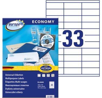 Etykiety uniwersalne papierowe ECONOMY EUROPE100 by Avery Zweckform 70 x 25,4mm kol. biały 3300 szt. [ELA009]