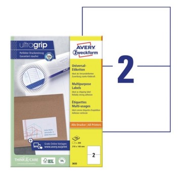Etykiety uniwersalne ULTRAGRIP papierowe AVERY ZWECKFORM 210 x 148mm kol. biały 200 szt. [3655]