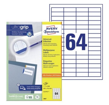 Etykiety uniwersalne ULTRAGRIP papierowe AVERY ZWECKFORM 48,5 x 16,9mm kol. biały 6400 szt. [3667]