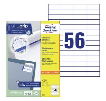 Etykiety uniwersalne ULTRAGRIP papierowe AVERY ZWECKFORM 52,5 x 21,2mm kol. biały 5600 szt. [3668]