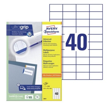 Etykiety uniwersalne ULTRAGRIP papierowe AVERY ZWECKFORM 52,5 x 29,7mm kol. biały 4000 szt. [3651]