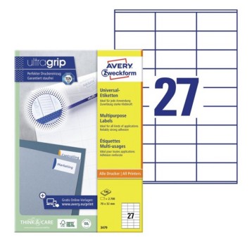 Etykiety uniwersalne ULTRAGRIP papierowe AVERY ZWECKFORM 70 x 32mm kol. biały 2700 szt. [3479]