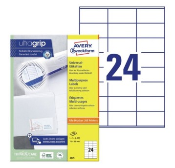 Etykiety uniwersalne ULTRAGRIP papierowe AVERY ZWECKFORM 70 x 36mm kol. biały 2400 szt. [3475]
