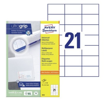Etykiety uniwersalne ULTRAGRIP papierowe AVERY ZWECKFORM 70 x 42,3mm kol. biały 2100 szt. [3652]