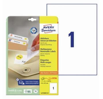 Etykiety uniwersalne usuwalne papierowe AVERY ZWECKFORM 210 x 297mm kol. biały 30 szt. [L4735REV-25]