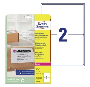 Etykiety wysyłkowe wodoodporne poliestrowe AVERY ZWECKFORM 199,6 x 143,5mm kol. biały 50 szt. [L7996-25]