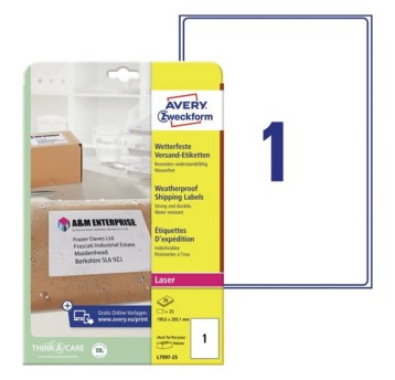 Etykiety wysyłkowe wodoodporne poliestrowe AVERY ZWECKFORM 199,6 x 289,1mm kol. biały 25 szt. [L7997-25]