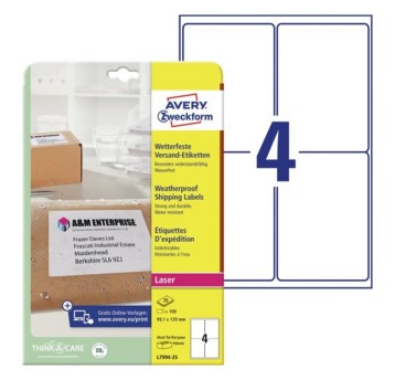 Etykiety wysyłkowe wodoodporne poliestrowe AVERY ZWECKFORM 99,1 x 139mm kol. biały 100 szt. [L7994-25]