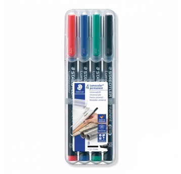 Foliopis permanentny STAEDTLER LUMOCOLOR końcówka B 1-2,5mm kpl. 4 kol. czarny, czerwony, zielony, niebieski [S-314 WP4]