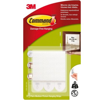 Haczyk samoprzylepny 3M COMMAND kol. biały 3 duże rzepy (do wieszania obrazów) [17201 PL / UU007832122]