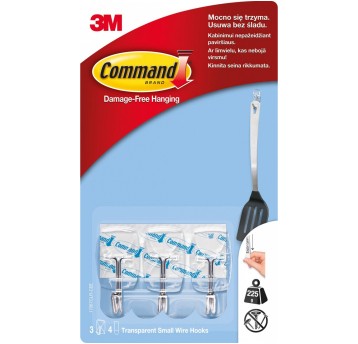 Haczyk samoprzylepny 3M COMMAND kol. przezroczysty 3 haczyki z metalowym uchwytem + 4 małe paski [17067CLR PL / 5902658095702]