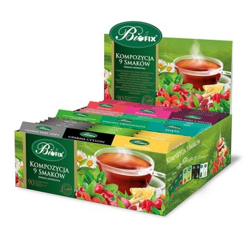 Herbata ekspresowa mix BIFIX Kompozycja 9 smaków (owocowa, zielona, ziołowa) torebka koperta ( mix 9 x 10 ) 90 szt.