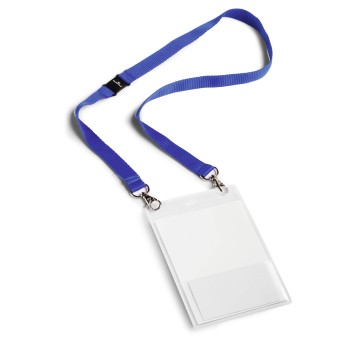 Identyfikator DURABLE z karabińczykiem pionowy kol. przezroczysty format A6 z kieszonką na wizytówki i granatową taśmą [852507]