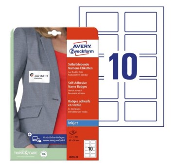 Identyfikatory imienne usuwalne sztuczny jedwab błyszczące AVERY ZWECKFORM 80 x 50mm kol. biały 200 szt. samoprzylepne do drukarki atramentowej [J4785-20]