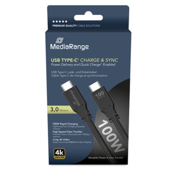 Kabel połączeniowy USB-C(M) / USB-C(M) 3m MEDIARANGE kol. czarny 100W max, USB 3.2 [MRCS218]
