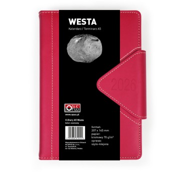 Kalendarz 2026 książkowy A5 dzienny registry drukowane na magnes OPUS Westa kol. czerwony [O.Diary Westa]