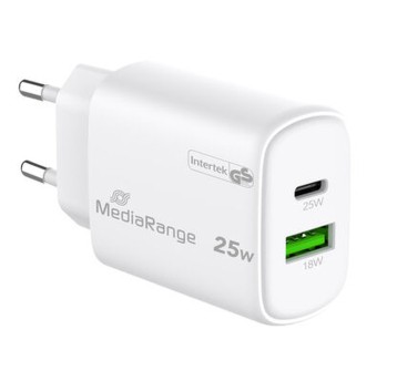 Ładowarka sieciowa MEDIARANGE kol. biały szybkie ładowanie 25W 1xUSB-C + 1xUSB-A [MRMA112-2]
