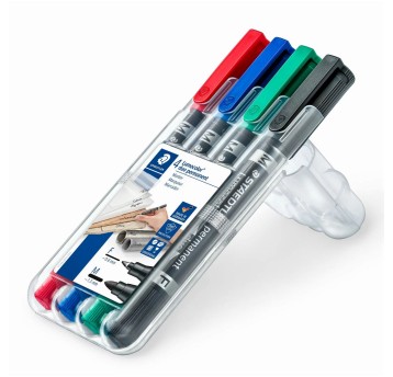 Marker do CD/DVD permanentny STAEDTLER LUMOCOLOR dwustronny końcówka F/M 0,6mm / 1,5mm kpl. 4 kol. czarny, czerwony, zielony, niebieski [S-348 WP4]