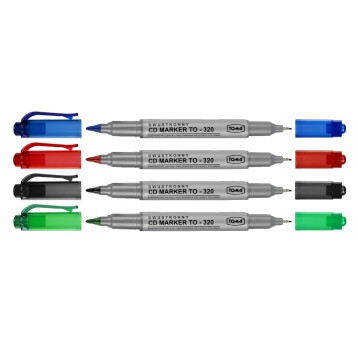 Marker do CD/DVD permanentny TOMA TO-320 dwustronny końcówka metalowa / fibrowa 0,5mm / 0,8mm kpl. 4 kol. czarny, czerwony, zielony, niebieski [TO-320 04]