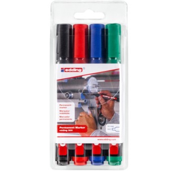 Marker permanentny EDDING E-300 końcówka okrągła 1,5mm kpl. 4 kol. czarny, czerwony, zielony, niebieski [4-300 4]