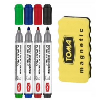 Marker tablicowy suchościeralny TOMA TO-266 końcówka okrągła 2mm kpl. 4 kol. czarny, czerwony, zielony, niebieski + gąbka [TO-266-05]