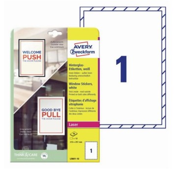Naklejki na okna łatwousuwalne polipropylenowe AVERY ZWECKFORM 210 x 297mm kol. biały 10 szt. [L9001-10]