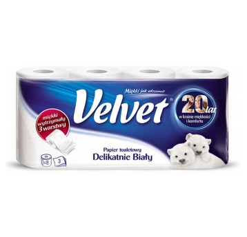 Papier toaletowy celulozowy 3 warstwy kol. biały VELVET Delikatnie Biały | Ø105mm szer. 94mm dł. 18,3m 150 listków | 8 rolek [VLK-4100457]