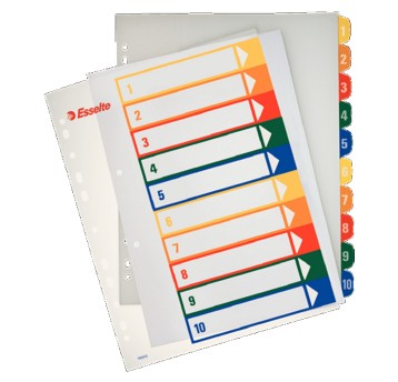Przekładki numeryczne A4 1-10 ESSELTE plastik kol. biały kolorowe indeksy z możliwością nadruku [100213]