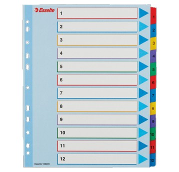 Przekładki numeryczne A4 1-12 ESSELTE karton kol. biały Maxi kolorowe indeksy [100209]