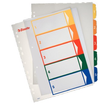 Przekładki numeryczne A4+ 1-5 ESSELTE plastik kol. biały kolorowe indeksy z możliwością nadruku [100211]