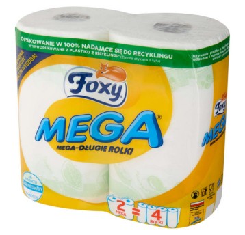 Ręcznik papierowy kuchenny w roli FOXY Mega celuloza 2 warstwy | Ø114mm szer. 226mm dł. 20m 90 listków | kol. biały 2 rolki