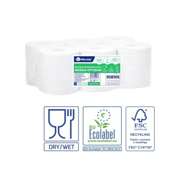 Ręcznik papierowy w roli MERIDA Optimum Maxi makulatura 2 warstwy | Ø195mm szer. 200mm dł. 150m 600 listków | kol. biały 6 rolek [ROB105]