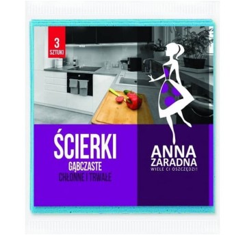 Ścierka gąbczasta celuloza 15,6 x 15,6cm ANNA ZARADNA mix kolorów 3 szt. [PS-1002]