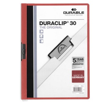 Skoroszyt z klipsem A4 DURABLE DURACLIP plastikowy kol. czerwony do 30 kartek [220003]