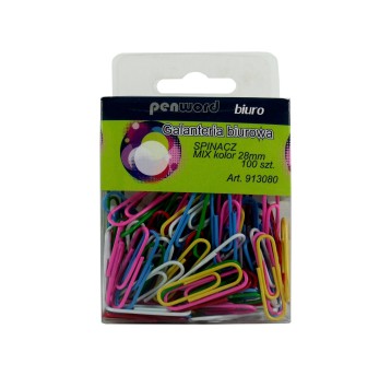 Spinacze biurowe PENWORD 28mm mix kolorów 100 szt. pudełko [91080]