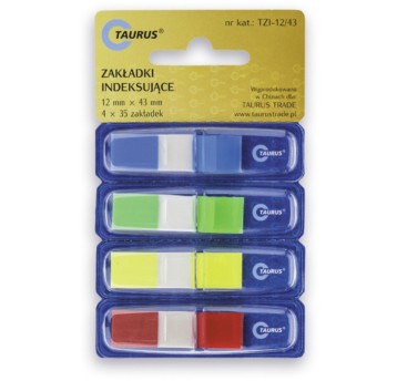 Zakładki indeksujące 12 x 43mm tworzywo TAURUS wielokolorowy neonowy z dyspenserem 140 zakładek (4 x 35) [TZI-12/43]