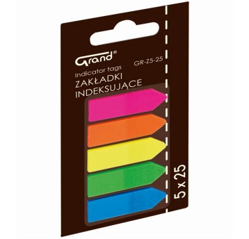 Zakładki indeksujące 12 x 45mm tworzywo GRAND wielokolorowy neonowy 125 zakładek (5 x 25) strzałki [GR-Z5-25]
