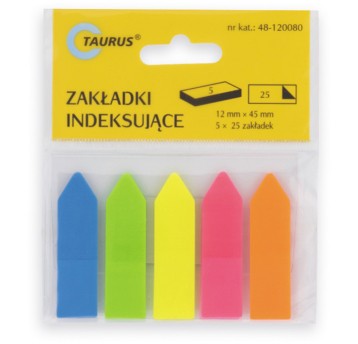 Zakładki indeksujące 12 x 45mm tworzywo TAURUS wielokolorowy neonowy 125 zakładek (5 x 25) strzałki [48-120080-S]