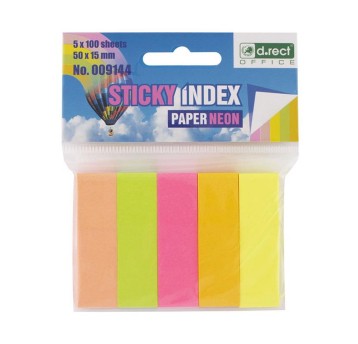 Zakładki indeksujące 15 x 50mm papier D.RECT wielokolorowy neonowy 500 zakładek (5 x 100) [009144]