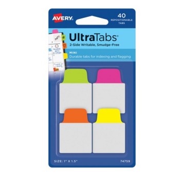 Zakładki indeksujące 25,4 x 38,1mm tworzywo AVERY ZWECKFORM Ultra Tabs wielokolorowy 40 zakładek neonowe 4 kolory [74759]