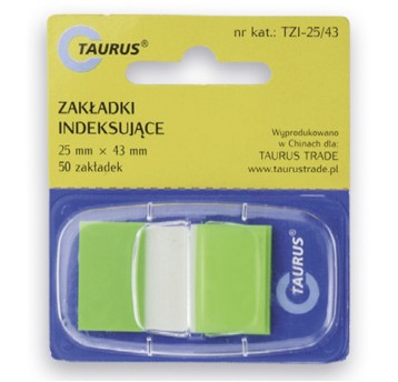 Zakładki indeksujące 25 x 43mm tworzywo TAURUS kol. zielony 50 zakładek [TZI-25/43]